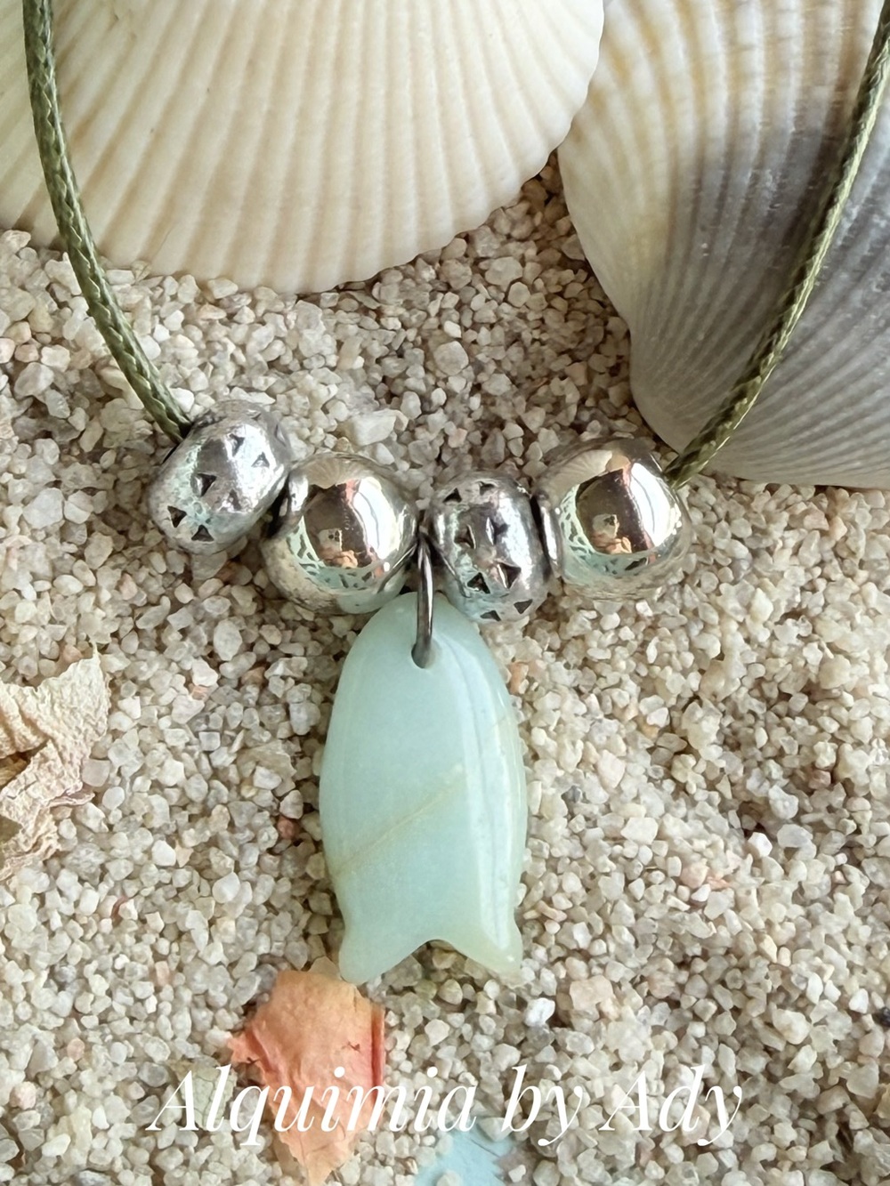 Mint green amazonite carved big fish charm  silver statement cord necklace